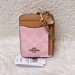 NWT Coach CEC50 Zip Card Case With ID Window with Chain & Charms In Powder Pink